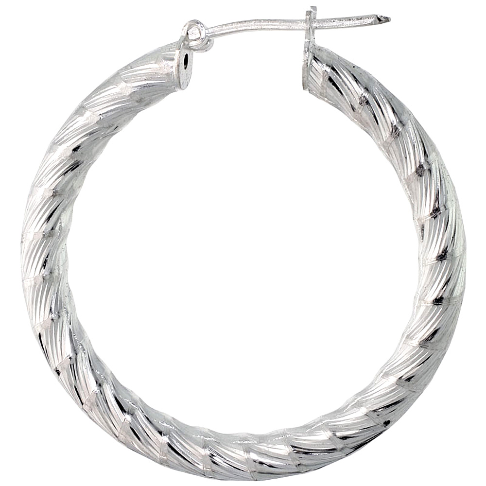 Sterling Silver 1 3/8 inch Diamond Cut Hoop Earrings for Women 4mm Tube Close Spiral Pattern 35mm Round Italy