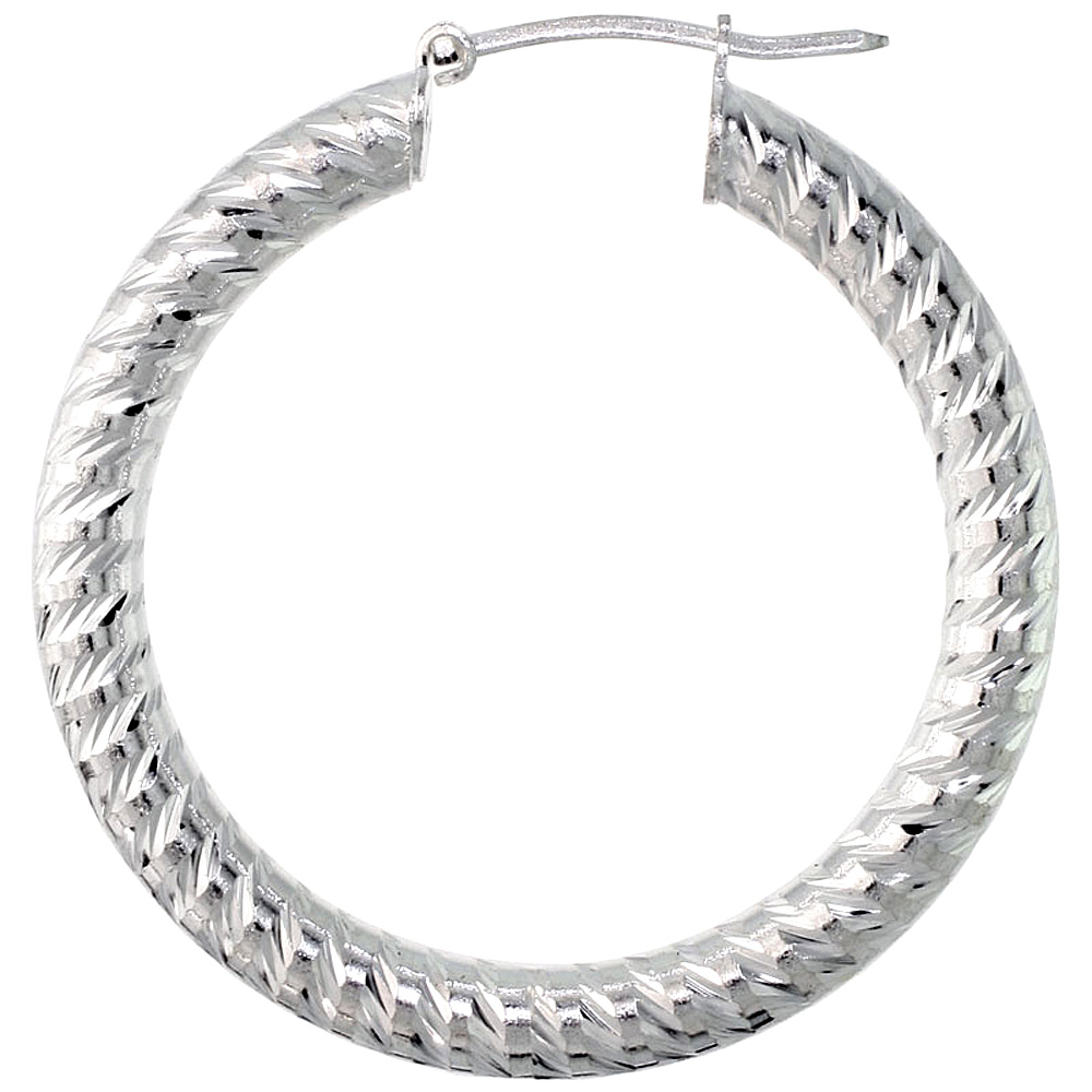 Sterling Silver 1 3/8 inch Diamond Cut Hoop Earrings for Women 4mm Tube Spiral Groove Pattern 35mm Round Italy