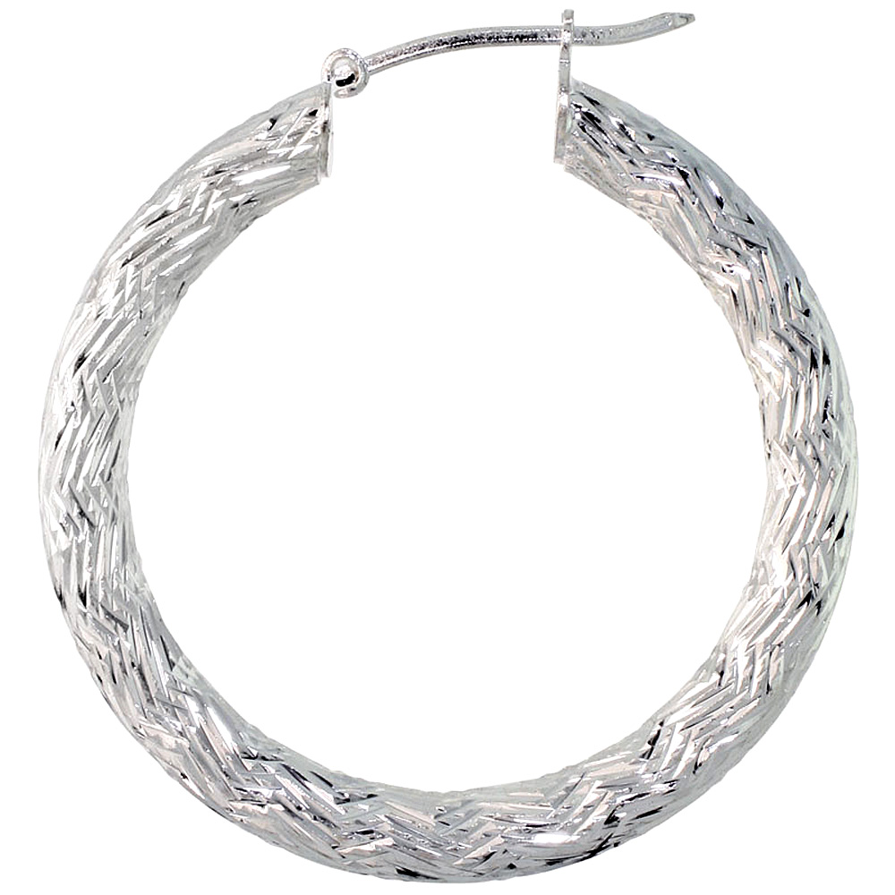 Sterling Silver 1 3/8 inch Diamond Cut Hoop Earrings for Women 4mm Tube Long Zigzag Pattern 35mm Round Italy