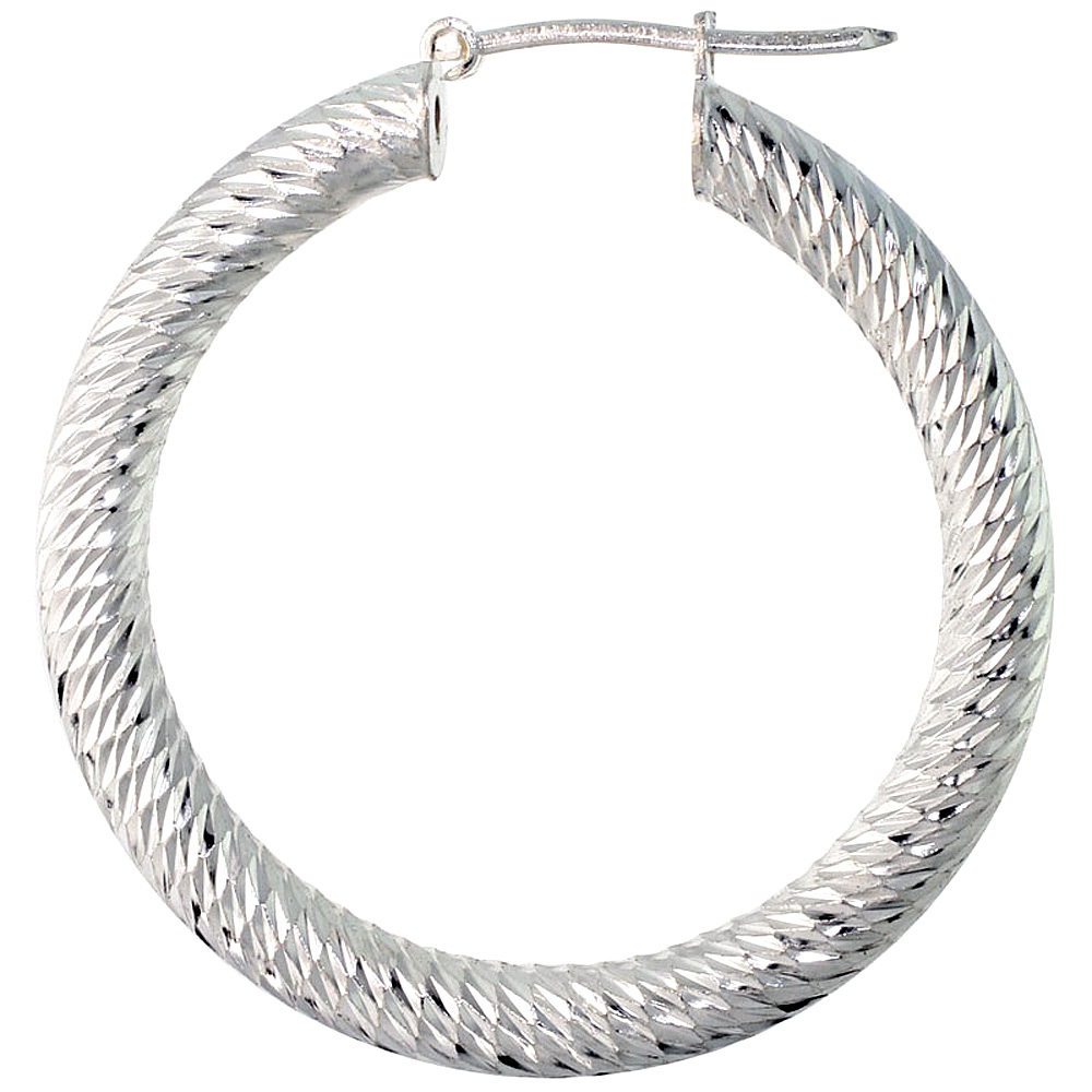 Sterling Silver 1 3/8 inch Diamond Cut Hoop Earrings for Women 4mm Tube Deep Spiral Design 35mm Round Italy