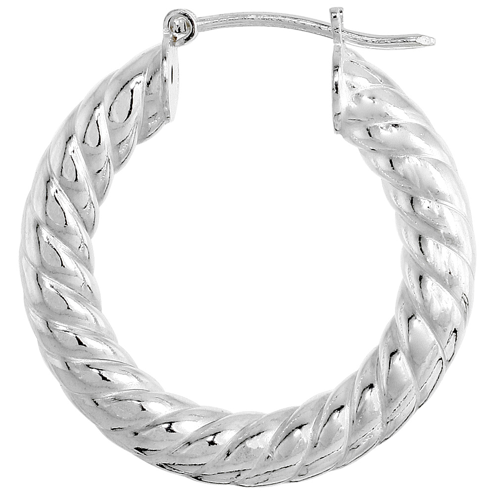 Sterling Silver 1 inch Hoop Earrings for Women Click Top 4.5mm Twisted Tube 25mm Round Italy
