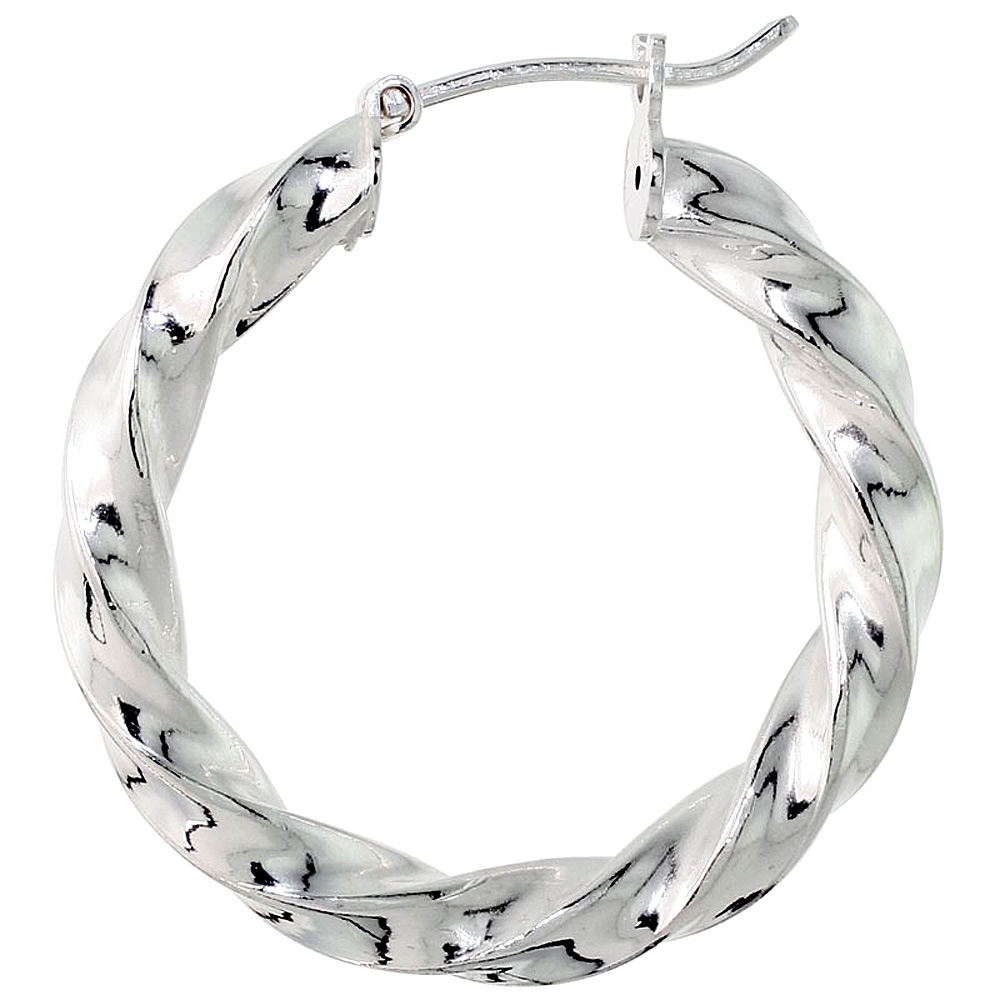 Sterling Silver 1 1/8 inch Twisted Hoop Earrings for Women Click Top 4mm Square Tube 28mm Round Italy