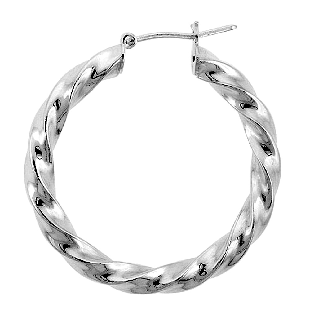 Sterling Silver 1 1/4 inch Twisted Hoop Earrings for Women Click Top 4mm Square Tube 31mm Round Italy