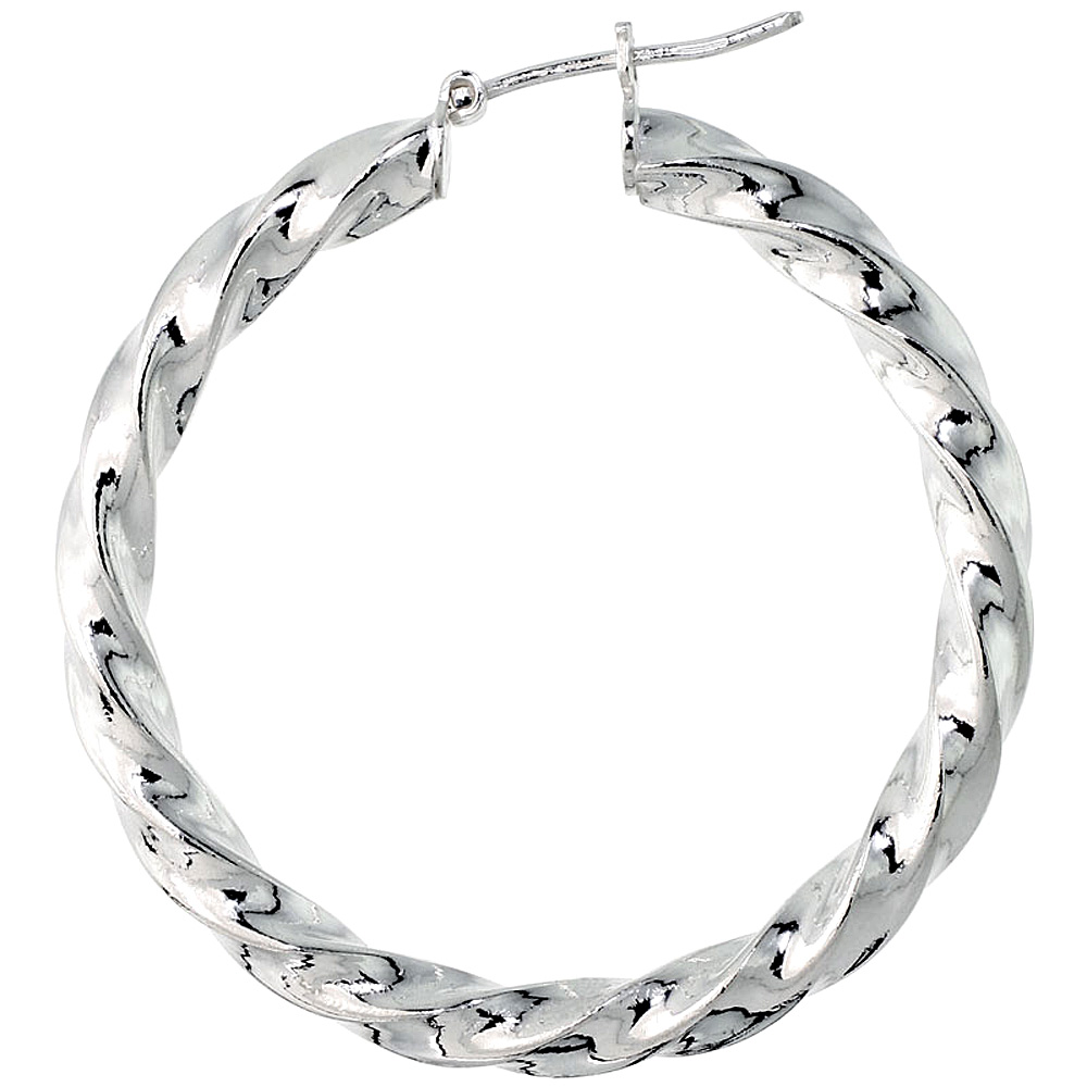 Sterling Silver 1 1/2 inch Twisted Hoop Earrings for Women Click Top 4mm Square Tube 38mm Round Italy