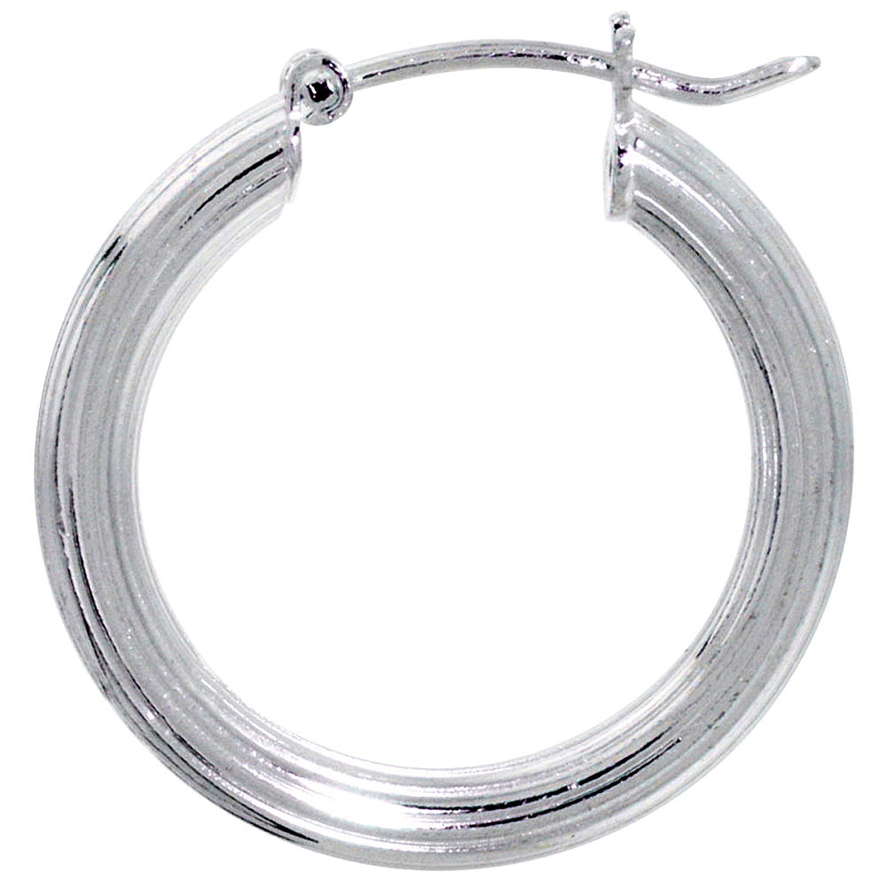 Small Sterling Silver 3/4 inch Textured Hoop Earrings for Women Click Top 3mm Tube Linear Grooves 21mm round Italy
