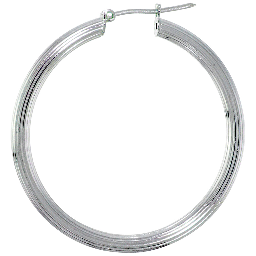 Sterling Silver Large 1 3/8 inch Textured Hoop Earrings for Women Click Top 3mm Tube Linear Grooves 35mm Round Italy