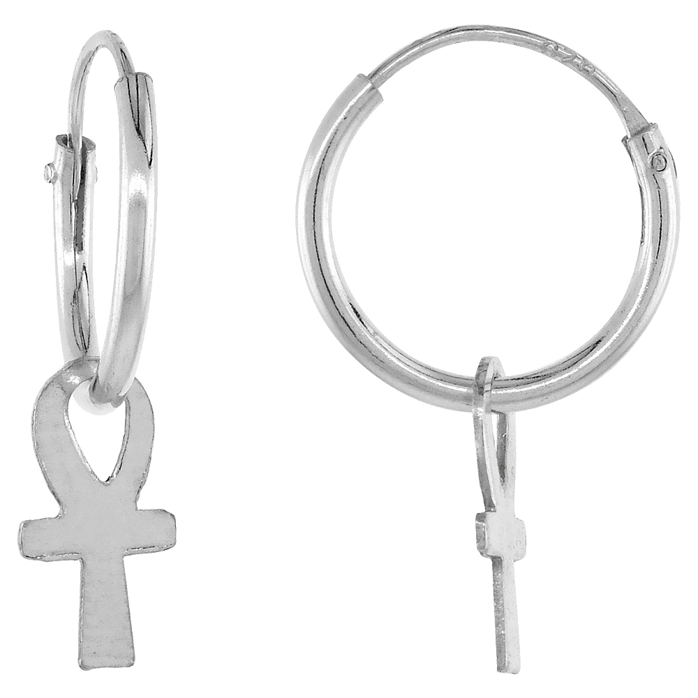 Sterling Silver Endless Hoop Earrings with Ankh, 1/2 inch diameter