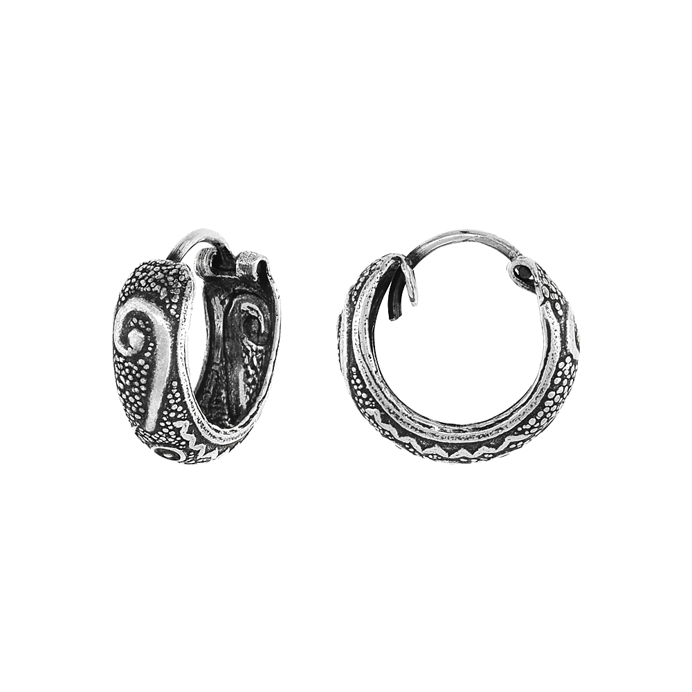 3-Pair Pack Sterling Silver Tiny 1/2 inch Swirl Hoop Earrings for Women & Men Half Round Hinged Oxidized finish