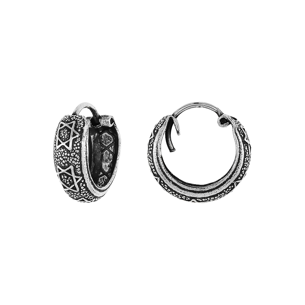 3-Pair Pack Sterling Silver Tiny 1/2 inch Star of David Hoop Earrings for Women & Men Half Round Hinged Oxidized finish