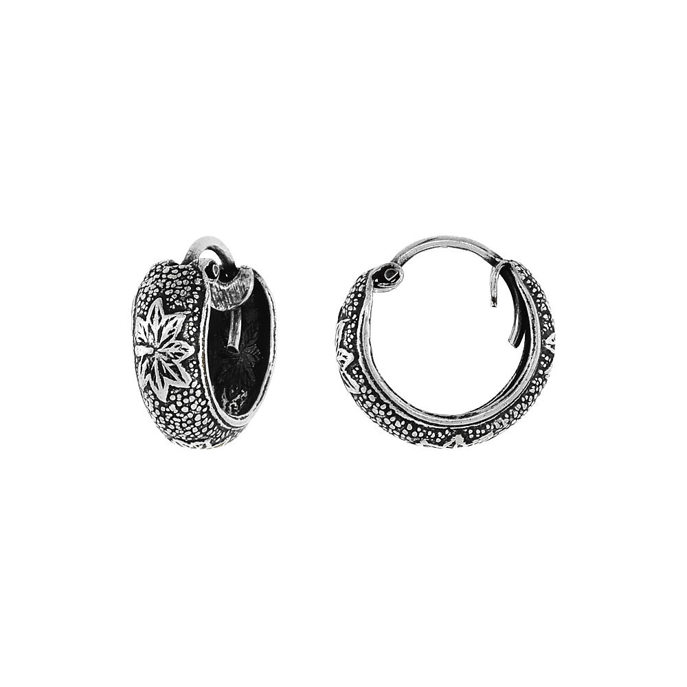 3-Pair Pack Sterling Silver Tiny 1/2 inch Maple Leaf Hoop Earrings for Women & Men Half Round Hinged Oxidized finish