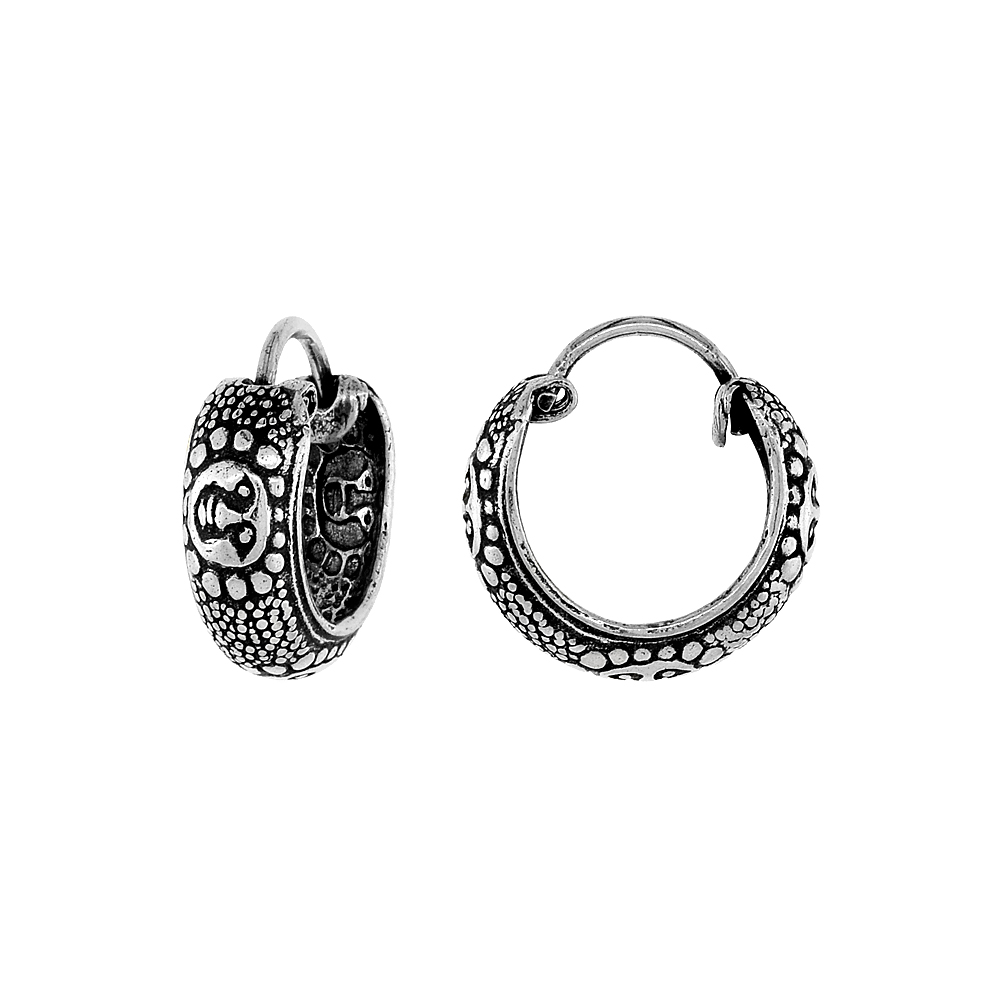 3-Pair Pack Sterling Silver Tiny 1/2 inch Sun God Surya Hoop Earrings for Women & Men Half Round Hinged Oxidized finish