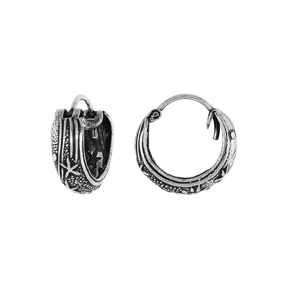 3-Pair Pack Sterling Silver Tiny 1/2 inch Celestial Hoop Earrings for Women & Men Half Round Hinged Oxidized finish