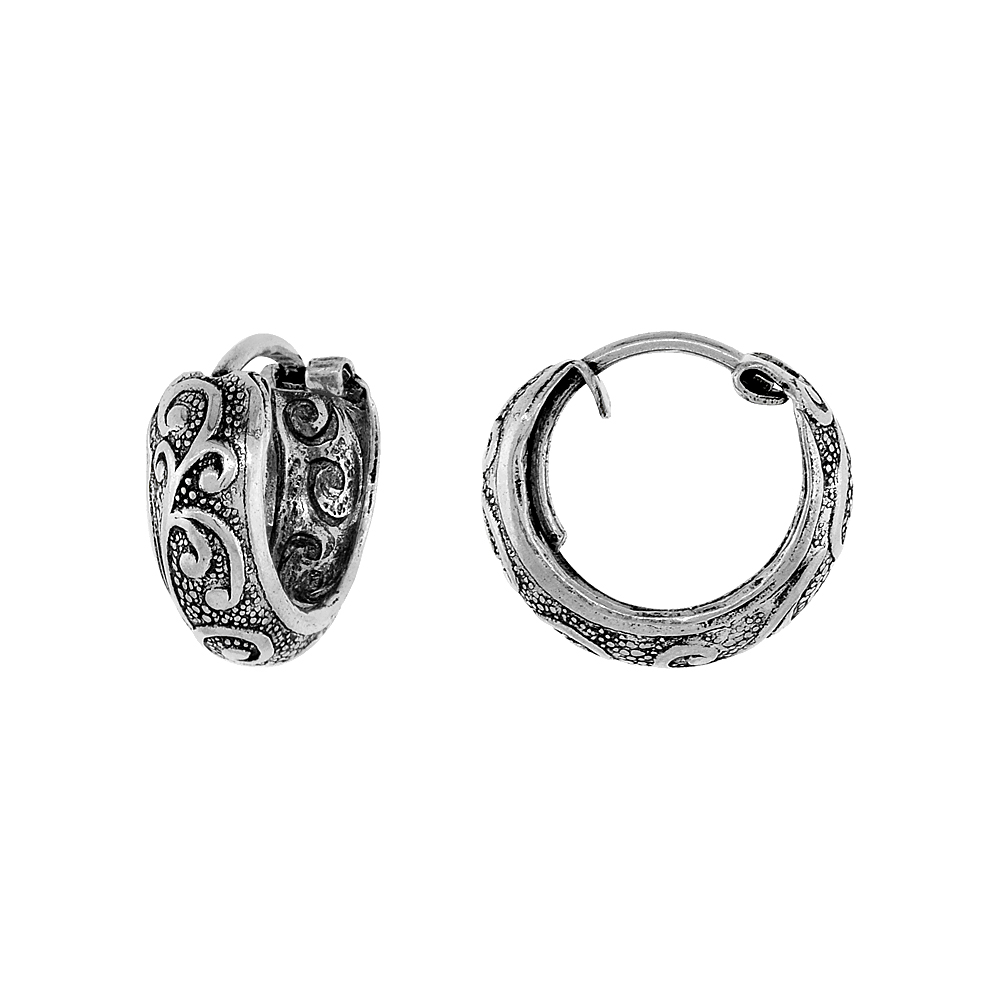 3-Pair Pack Sterling Silver Tiny 1/2 inch Scroll Hoop Earrings for Women & Men Half Round Hinged Oxidized finish