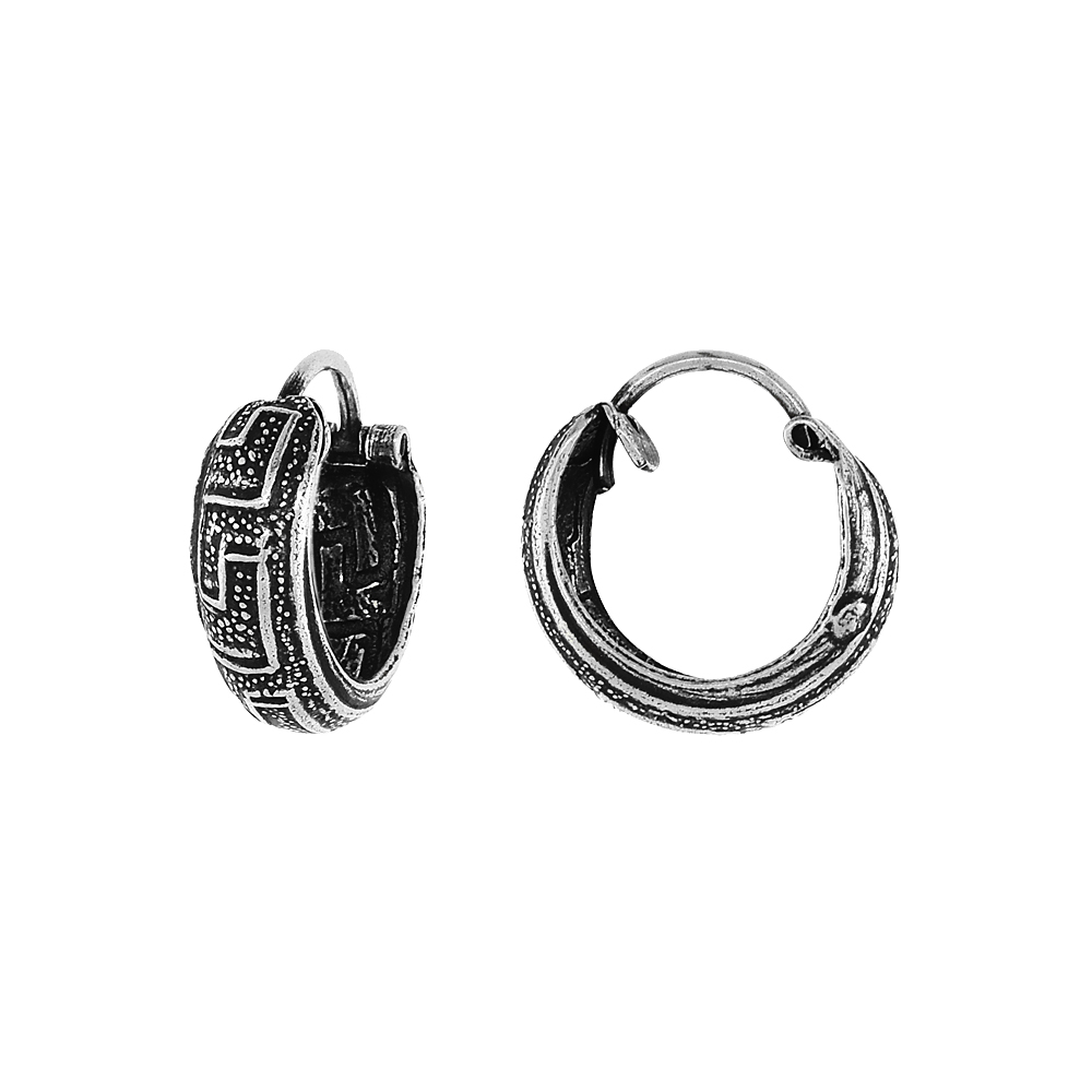 3-Pair Pack Sterling Silver Tiny 1/2 inch Greek Key Hoop Earrings for Women & Men Half Round Hinged Oxidized finish