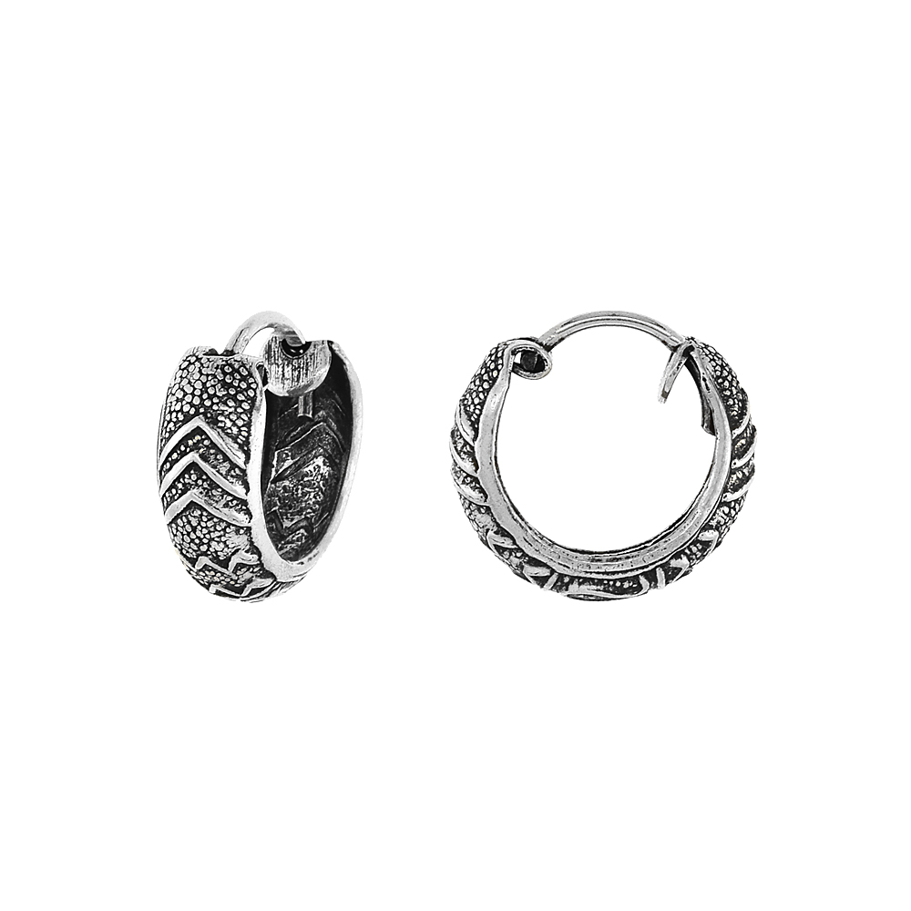 3-Pair Pack Sterling Silver Tiny 1/2 inch Chevron Hoop Earrings for Women & Men Half Round Hinged Oxidized finish