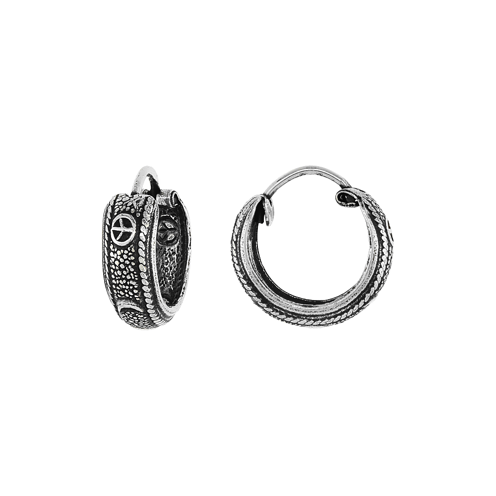 3-Pair Pack Sterling Silver Tiny 1/2 inch Peace Sign & Crescent Moon Hoop Earrings for Women & Men Half Round Hinged Oxidized finish