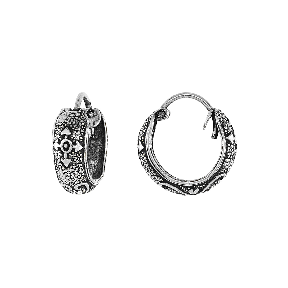 3-Pair Pack Sterling Silver Tiny 1/2 inch Crosses & Hearts Hoop Earrings for Women & Men Half Round Hinged Oxidized finish