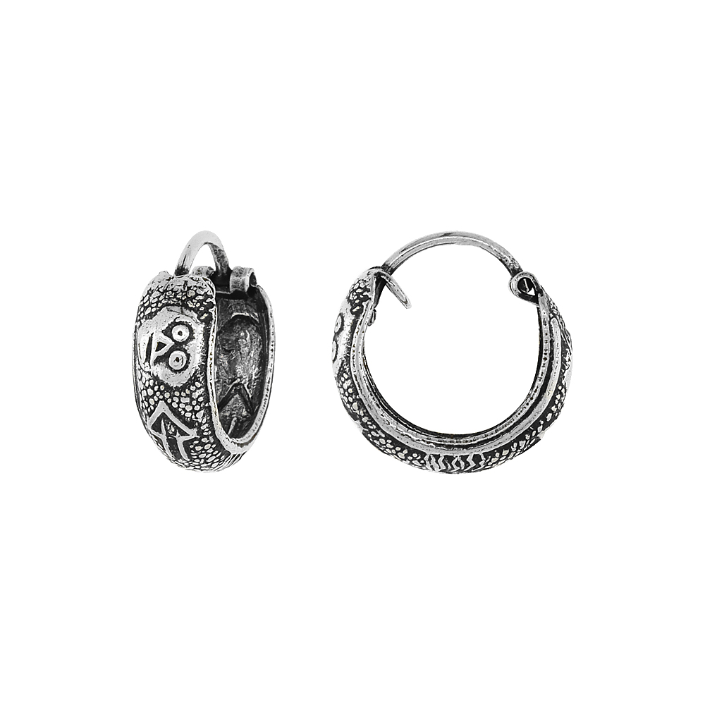3-Pair Pack Sterling Silver Tiny 1/2 inch Skulls Hoop Earrings for Women & Men Half Round Hinged Oxidized finish