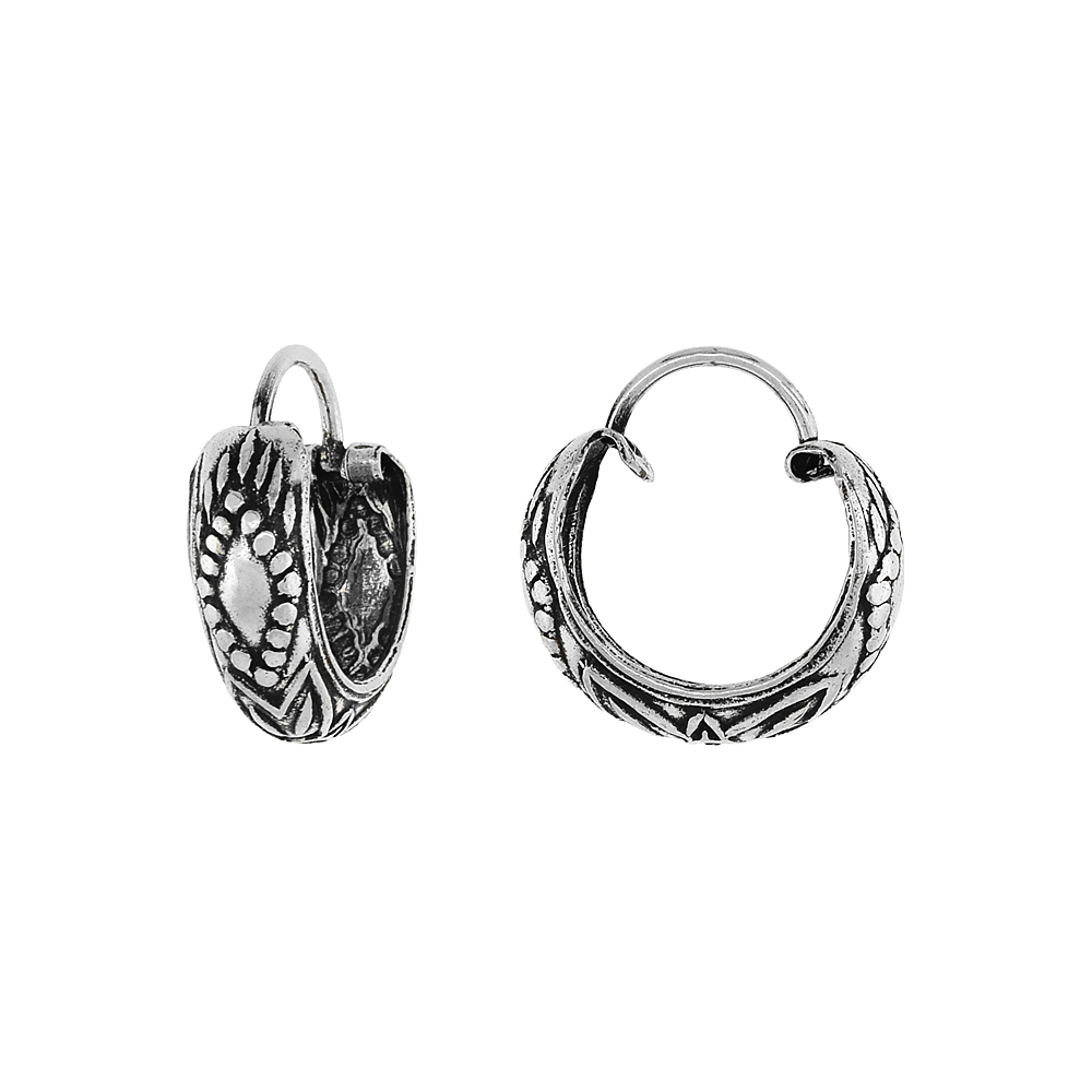 3-Pair Pack Sterling Silver Tiny 1/2 inch Floral Hoop Earrings for Women & Men Half Round Hinged Oxidized finish
