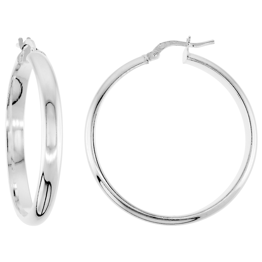 Sterling Silver 1 3/8 inch Click Top Half Round Hoop Earrings for Women 4mm Tubing High Polish 35mm Round Italy