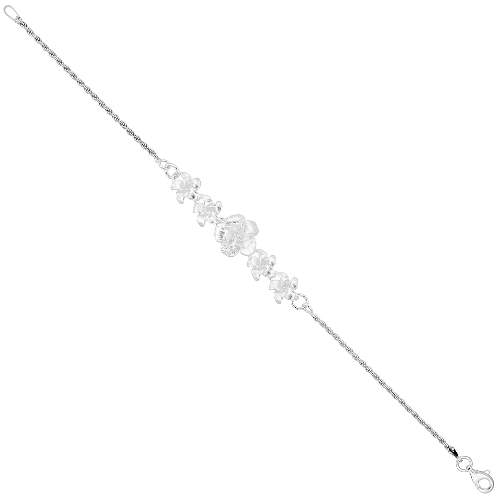 Sterling Silver Hawaiian Floral Hibiscus Center Bracelet & Necklace, 1/2 inch wide