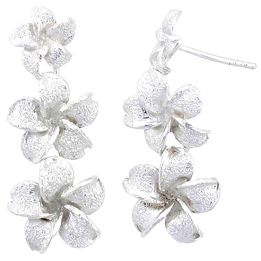 Sterling Silver Hawaiian Graduated Plumeria Stardust Post Dangle Earrings, 1 1/4 inch long