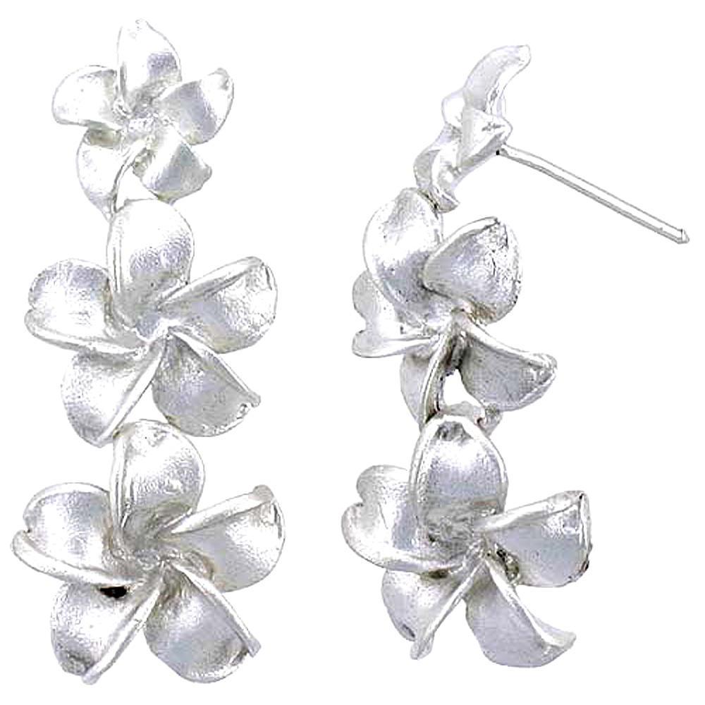 Sterling Silver Hawaiian Graduated Plumeria Satin Post Dangle Earrings, 1 1/4 inch long