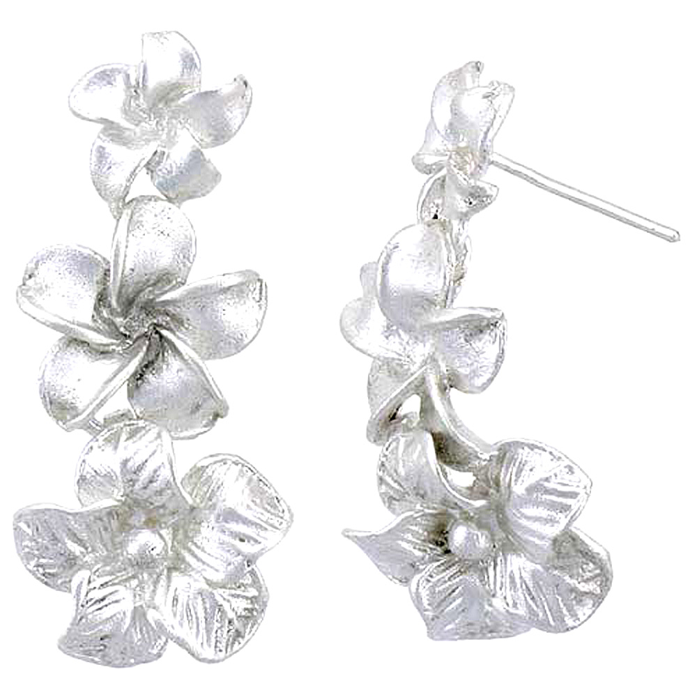 Sterling Silver Hawaiian Graduated Floral Post Dangle Earrings, 1 1/4 inch long