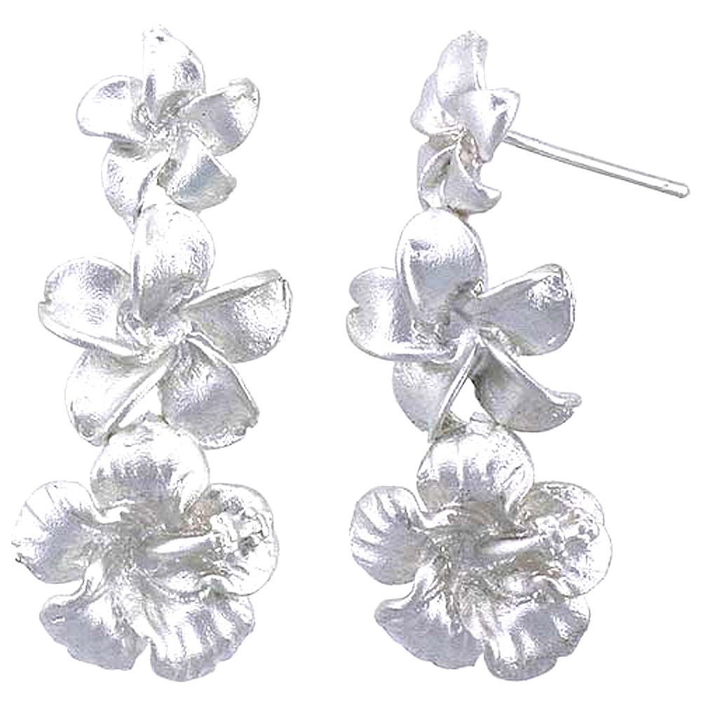 Sterling Silver Hawaiian Graduated Plumeria and Hibiscus Post Dangle Earrings, 1 1/4 inch long