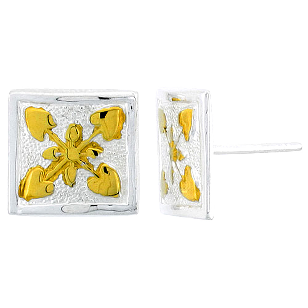 Sterling Silver 2-Tone Hawaiian Floral Heart Square Earrings, 1/2 inch wide