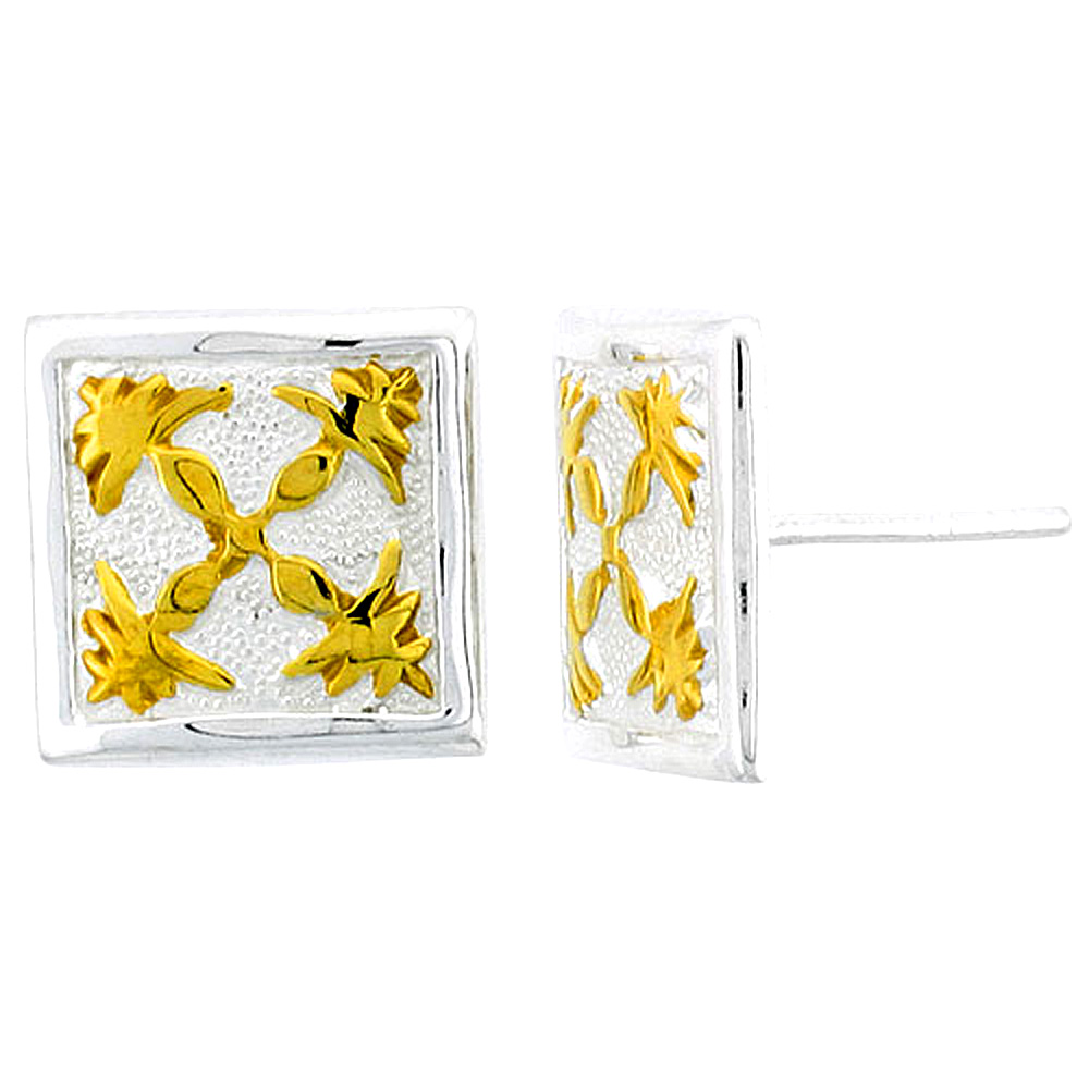 Sterling Silver 2-Tone Hawaiian Floral Square Earrings, 1/2 inch wide