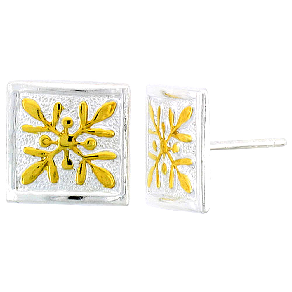 Sterling Silver 2-Tone Hawaiian Fern Square Earrings, 1/2 inch wide