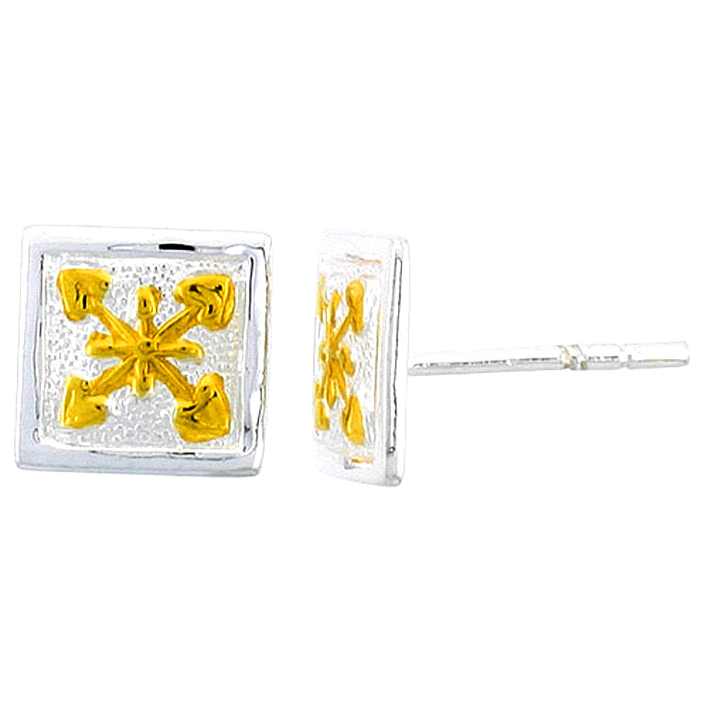 Sterling Silver 2-Tone Hawaiian Floral Heart Square Earrings, 3/8 inch wide
