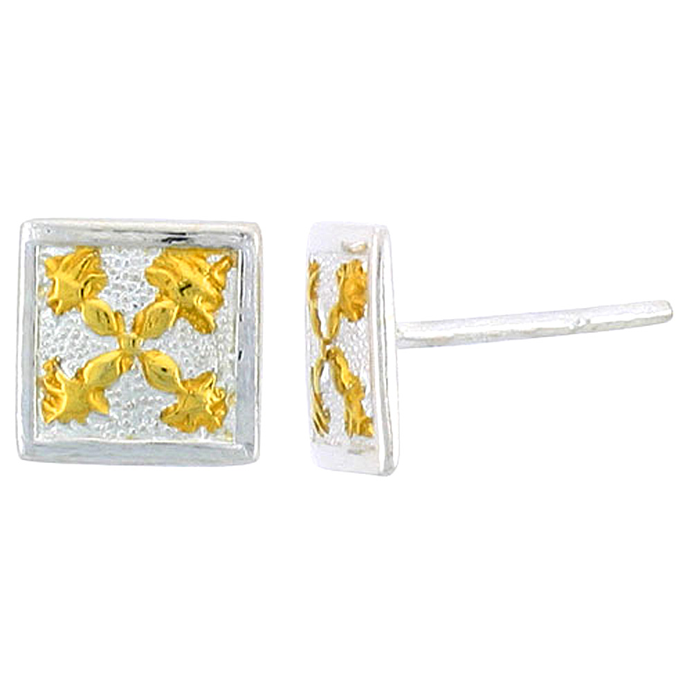 Sterling Silver 2-Tone Hawaiian Floral Square Earrings, 3/8 inch wide