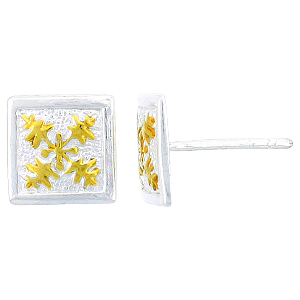 Sterling Silver 2-Tone Hawaiian Floral Square Earrings, 3/8 inch wide