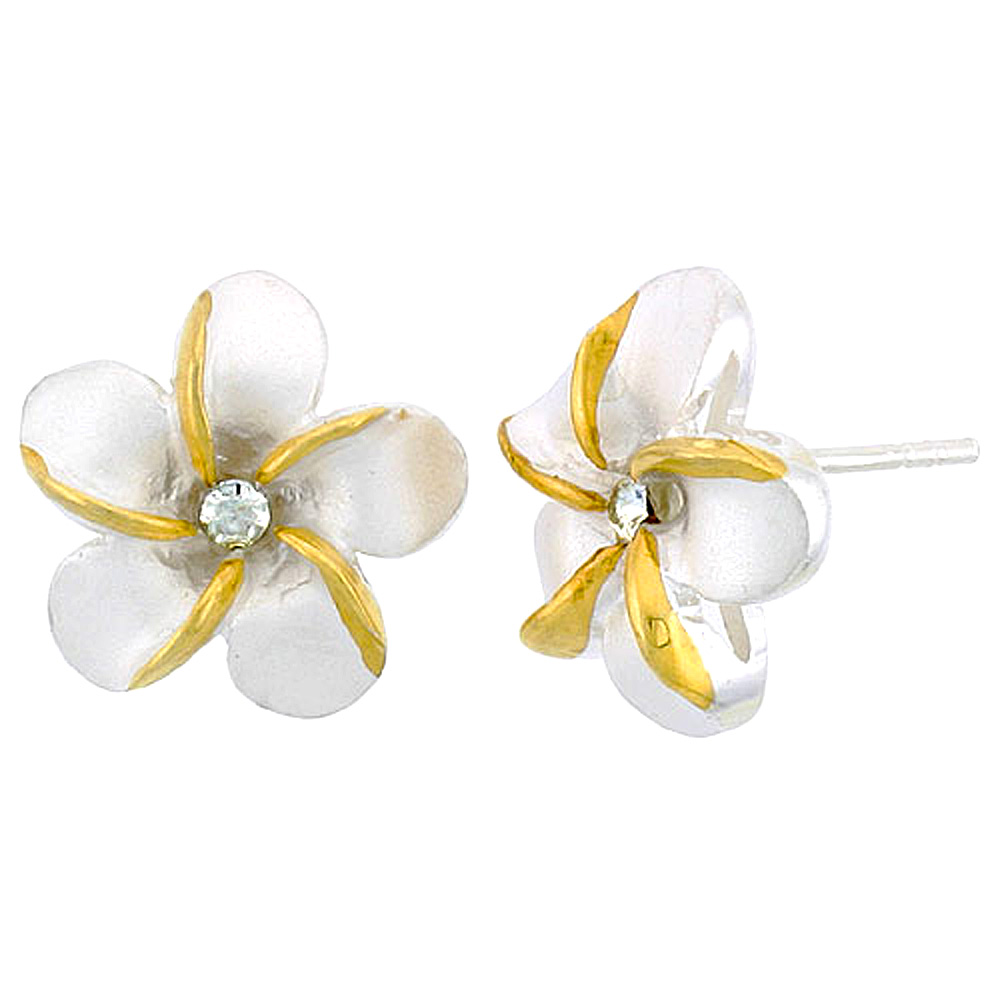 Sterling Silver 2-Tone Hawaiian Plumeria Earrings, 5/8 inch wide