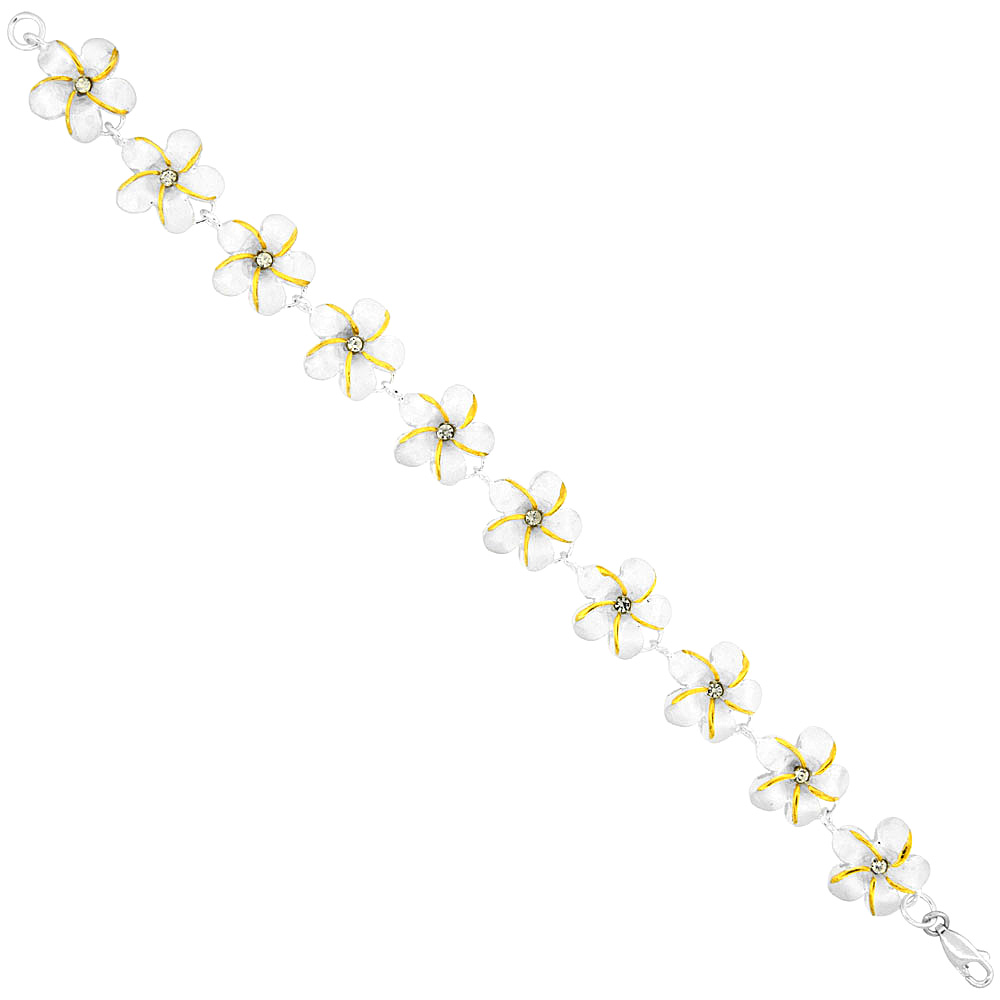 Sterling Silver 2-Tone Hawaiian Plumeria Bracelet, 7 inches long