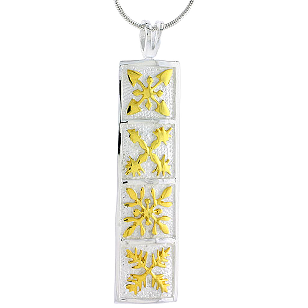 Sterling Silver 2-Tone Hawaiian Floral Rectangular Pendant, 1 7/8 inch long