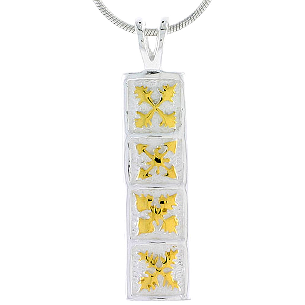 Sterling Silver 2-Tone Hawaiian Floral Rectangular Pendant, 1 3/16 inch long