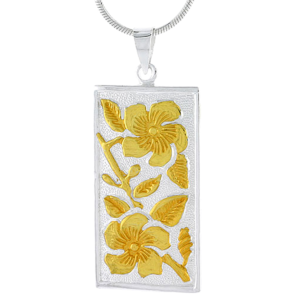 Sterling Silver 2-Tone Hawaiian Floral Rectangular Pendant, 1 1/4 inch long