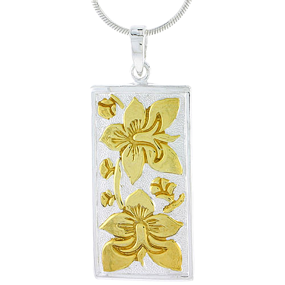 Sterling Silver 2-Tone Hawaiian Floral Rectangular Pendant, 1 1/4 inch long