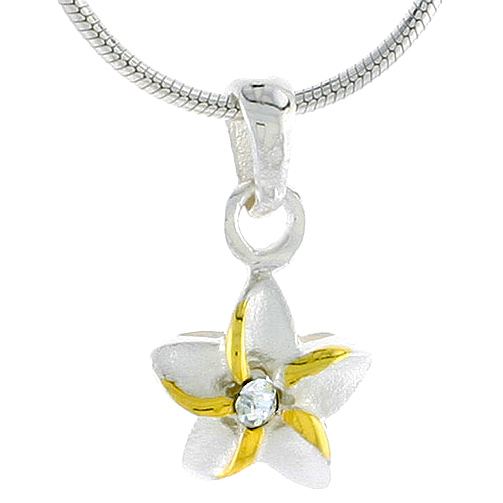 Sterling Silver 2-Tone Hawaiian Plumeria Pendant, 5/16 inch wide
