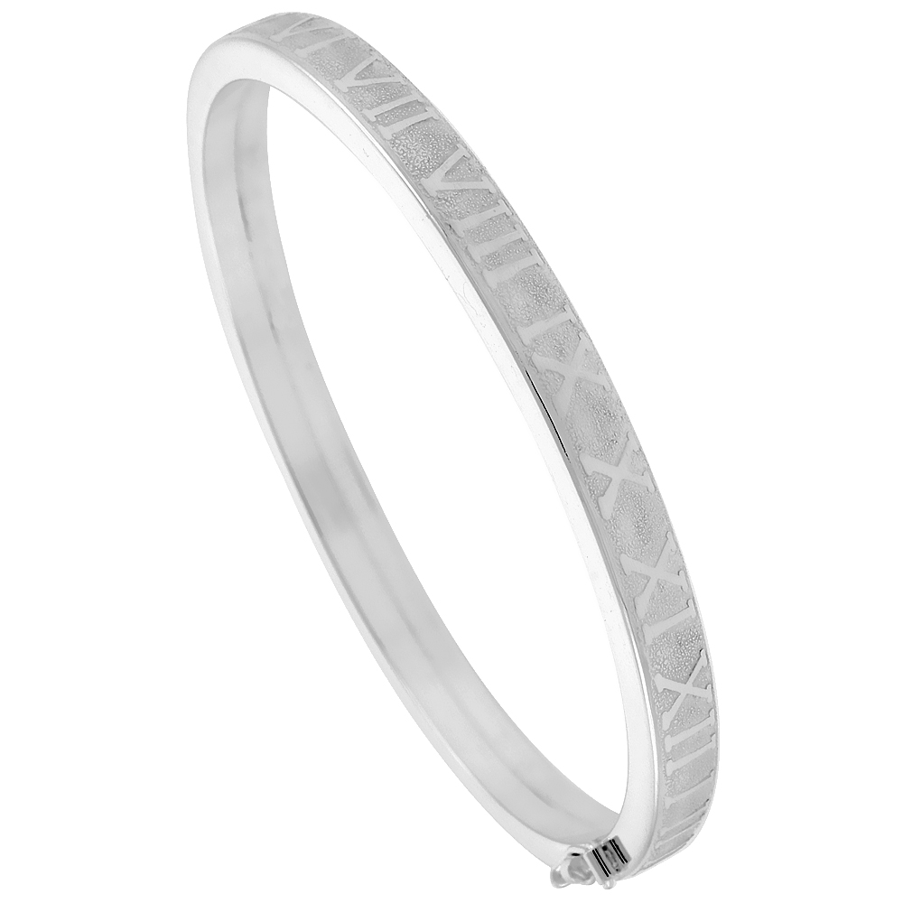 Sterling Silver Italian Roman Numerals Oval Bangle Bracelet