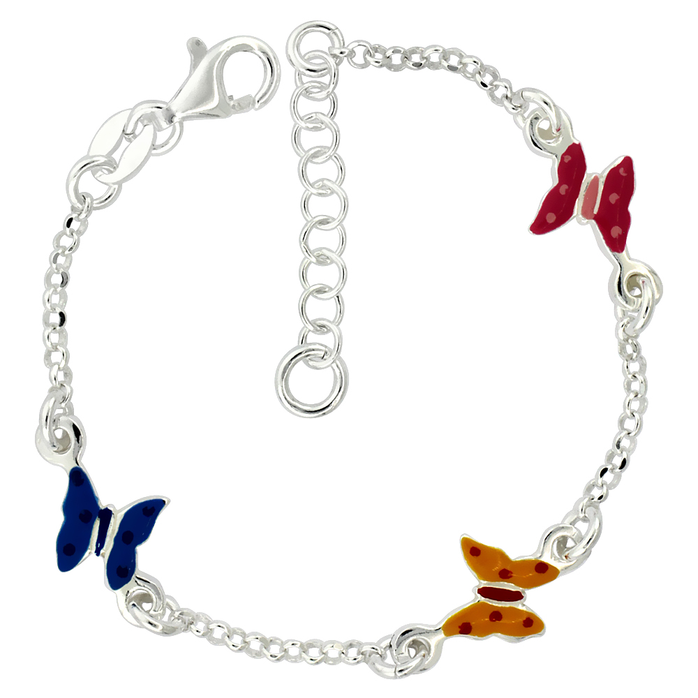 Sterling Silver Butterflies Enamel Baby Bracelet Rolo Link, 5 inches long