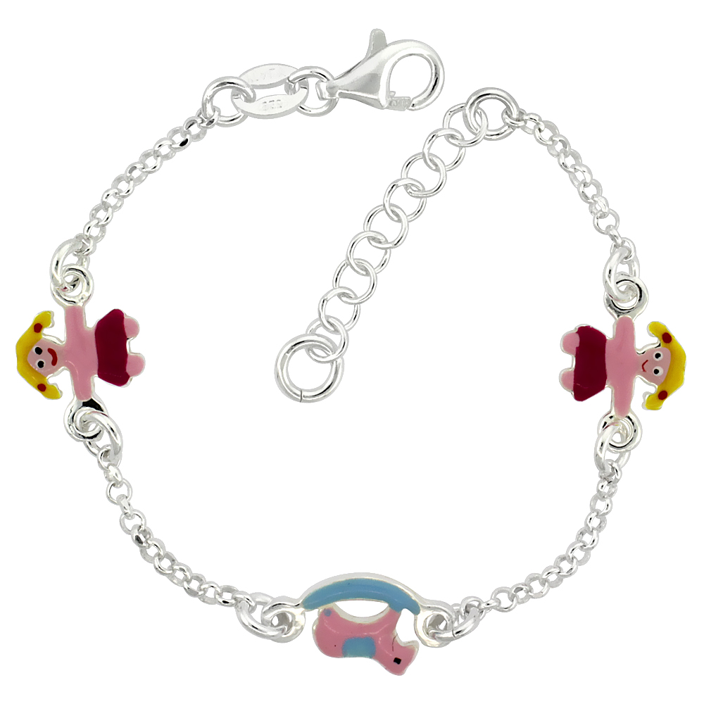 Sterling Silver Rocking Horse & Girl Enamel Baby Bracelet Rolo Link, 5 inches long