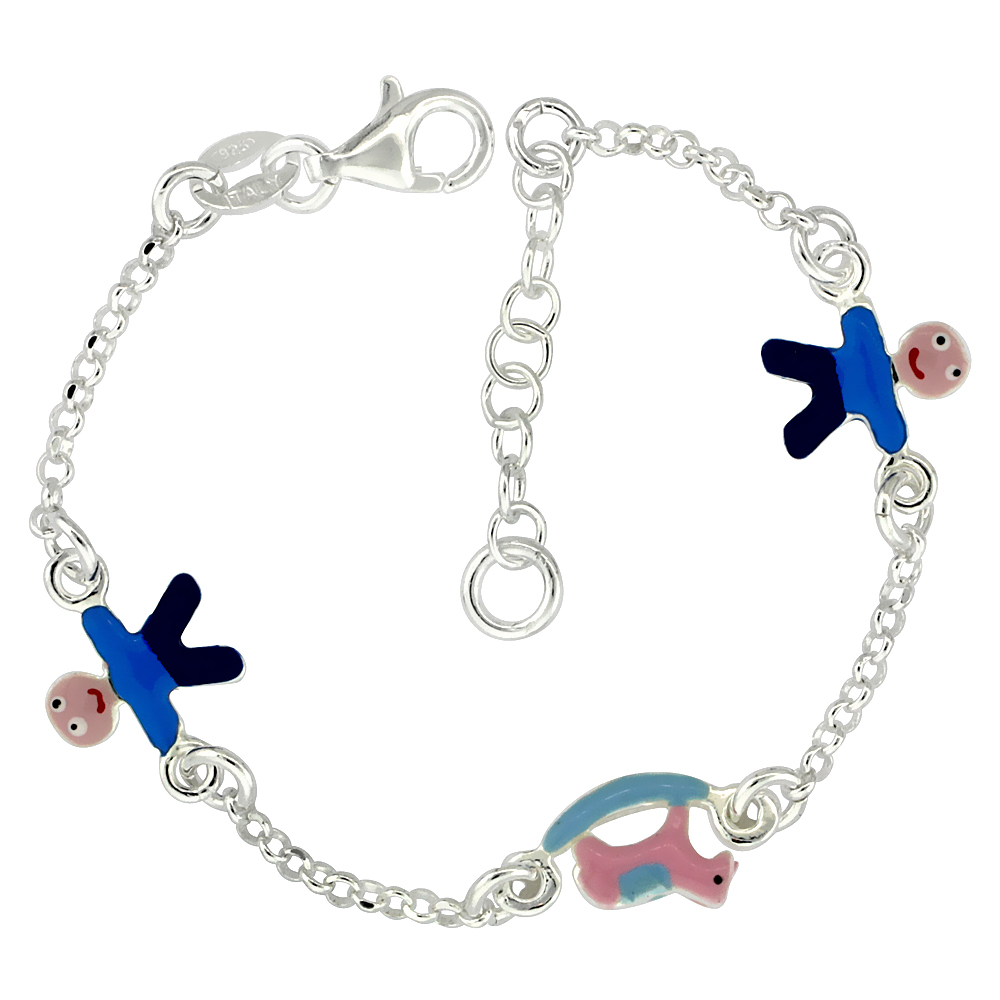 Sterling Silver Rocking Horse & Boy Enamel Baby Bracelet Rolo Link, 5 inches long