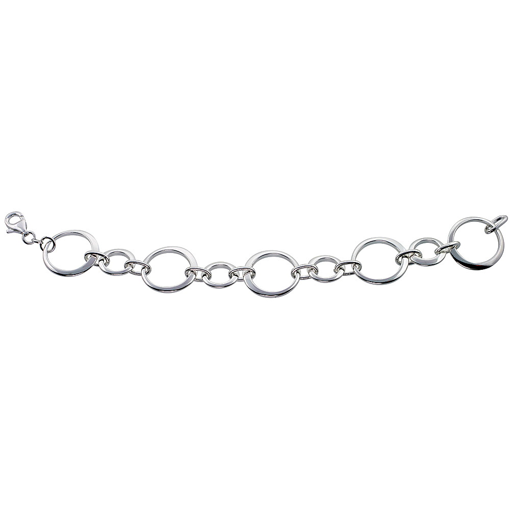 Sterling Silver Round Cut Outs Link Charm Bracelet, 3/4 inch wide