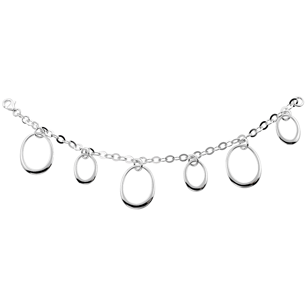 Sterling Silver Dangle Oval Cut Outs Rolo Link Charm Bracelet, 3/4 inch wide