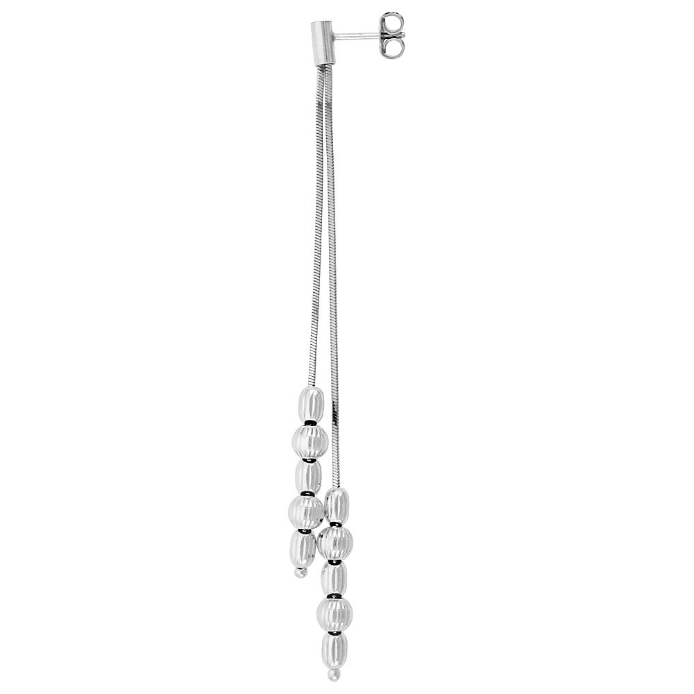Sterling Silver Long Drop Earrings 2-Strand w/ Corrugated Beads 3 inches Italy