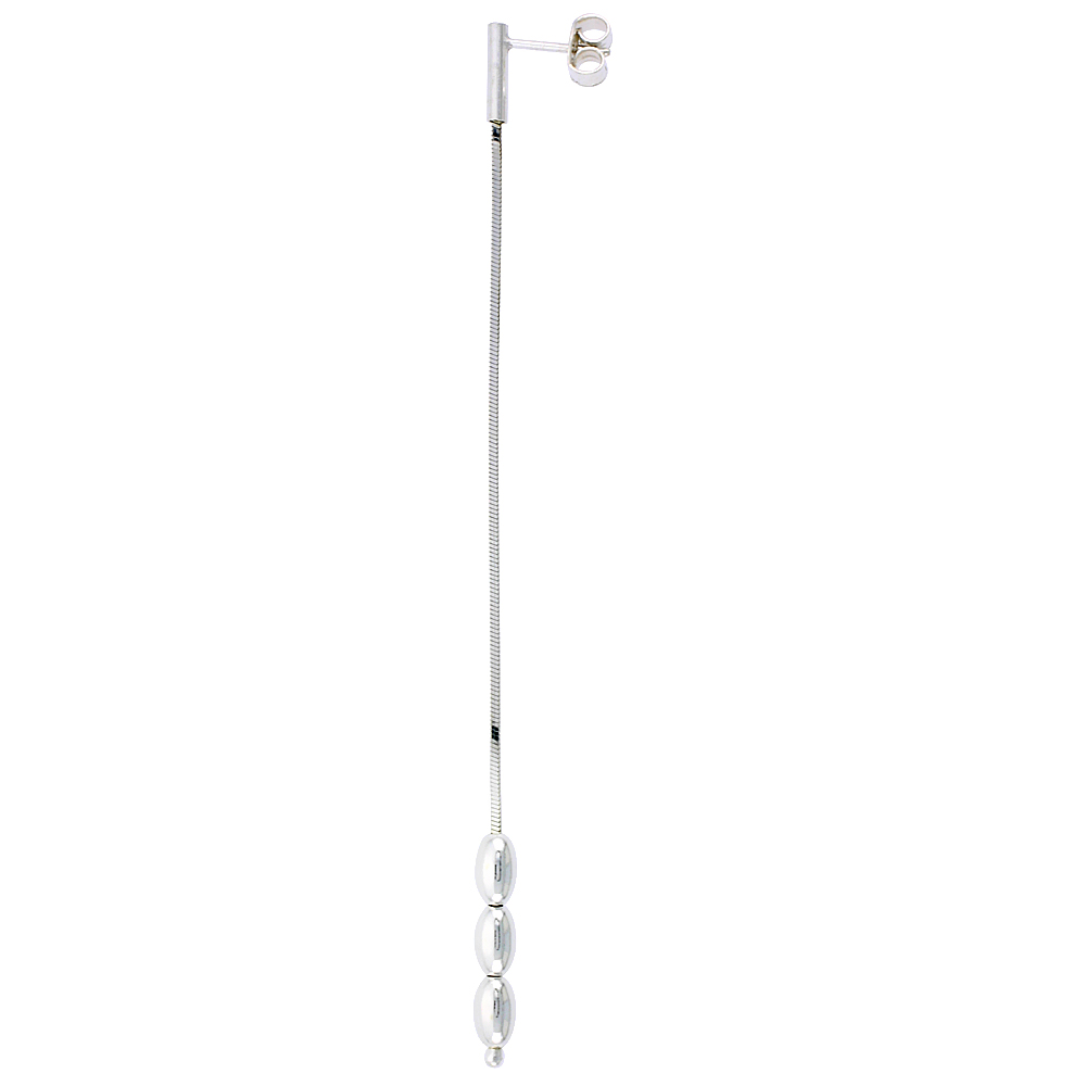 Sterling Silver Long Drop Earrings Single Strand w/ Oval Beads 4 inches Italy